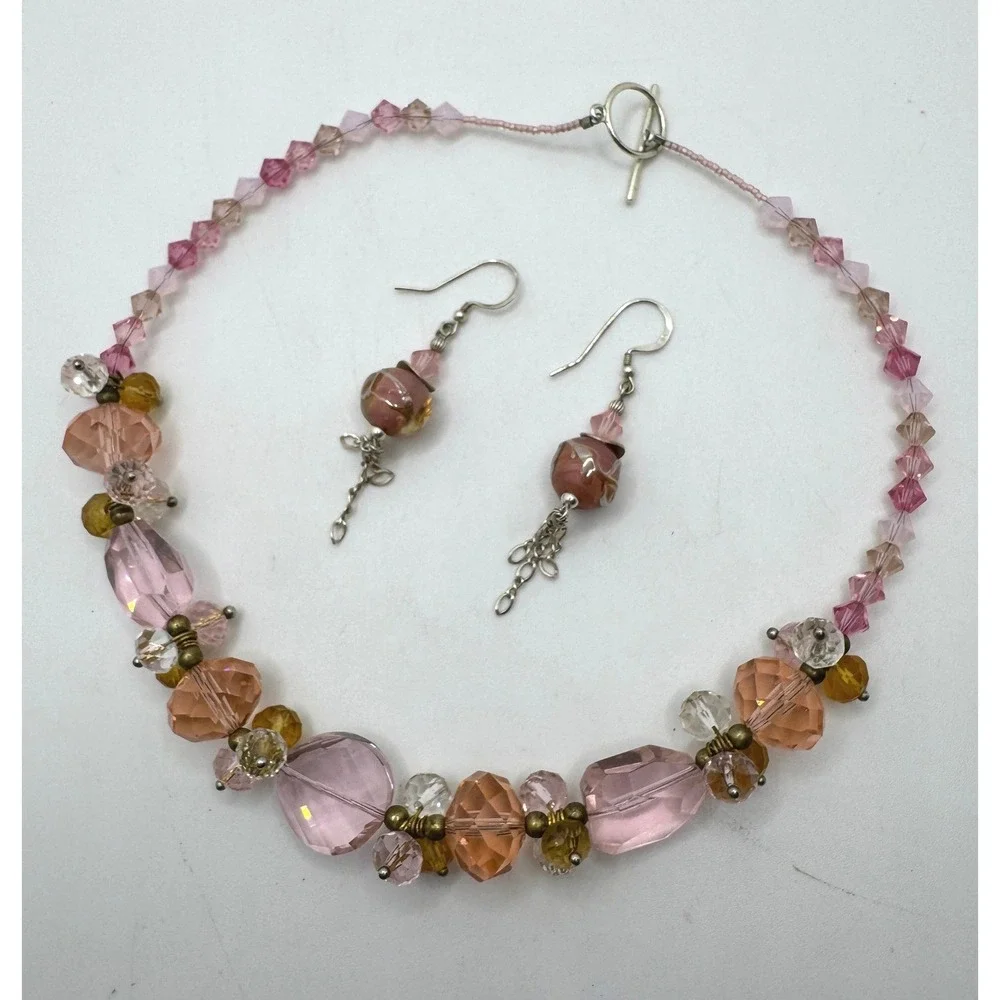 Pink Peach Beaded Statement Necklace & Lampwork Dangle Earring Set 16